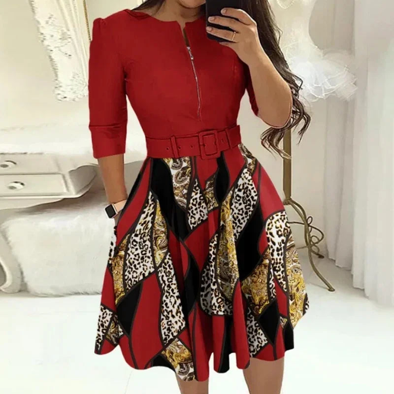 💼 Elegance Defined – Patchwork A-Line Belted Midi Dress