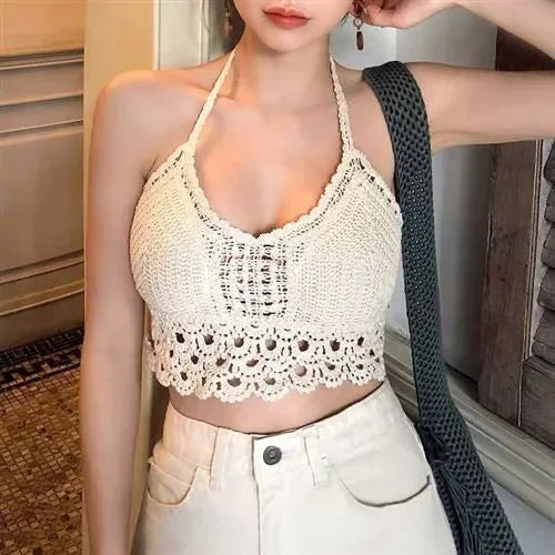 “2025 Retro Tassel Lace Halter Crop Top – Sheer, Sexy & Built-In Support”