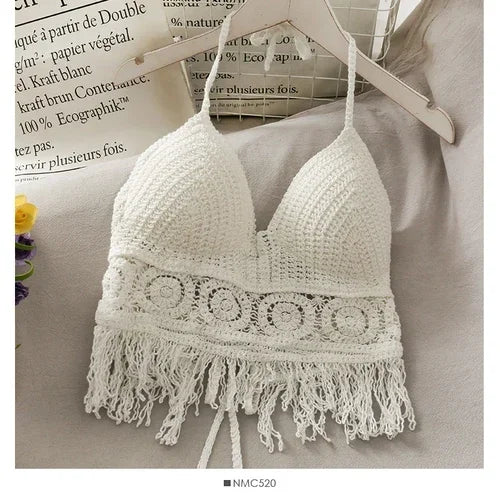 “2025 Retro Tassel Lace Halter Crop Top – Sheer, Sexy & Built-In Support”