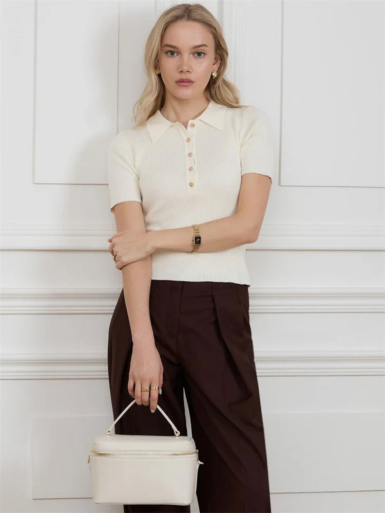 “Ribbed Knit Cropped Pullover – Lapel Short Sleeve Y2K Sweater Top”