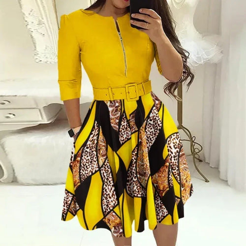 💼 Elegance Defined – Patchwork A-Line Belted Midi Dress