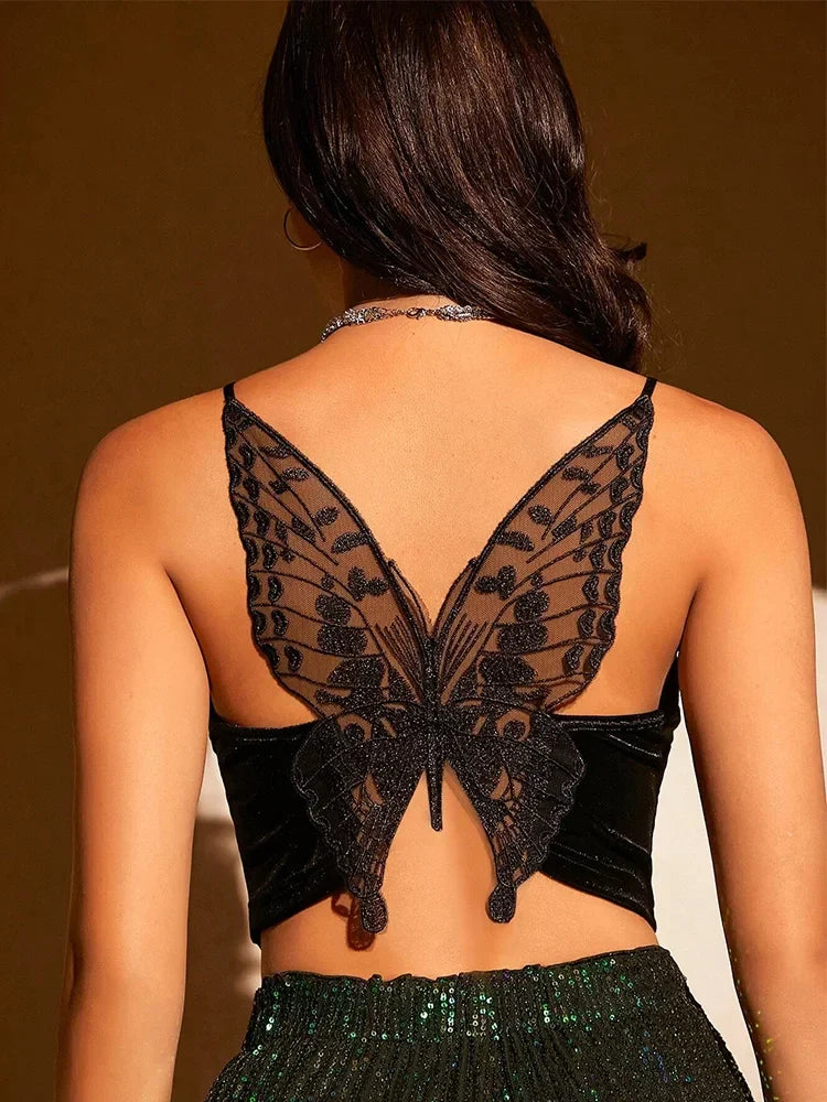 🦋 Velvet Nights – Butterfly Embroidered Mesh Cami Crop Top