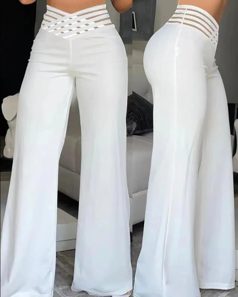🌟 Mesh Muse – High-Waisted Flared Pants with Sheer Patch Detail