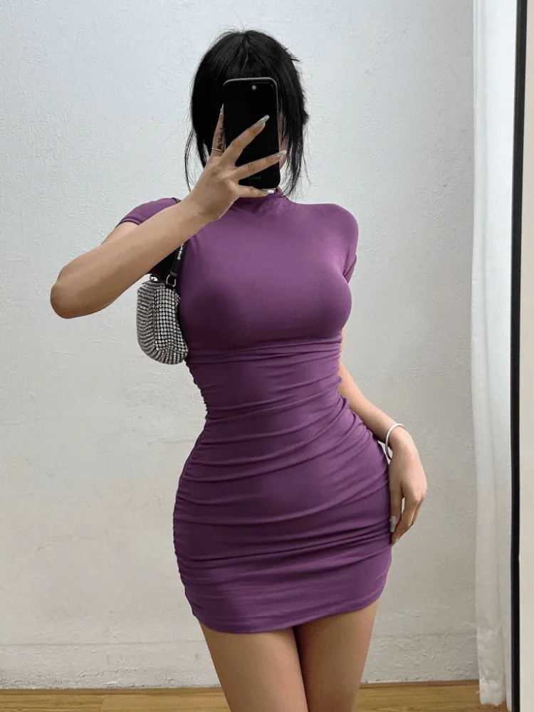 “Pleated Waist Bodycon Mini Dress – High Neck, Slim Fit Party Look”