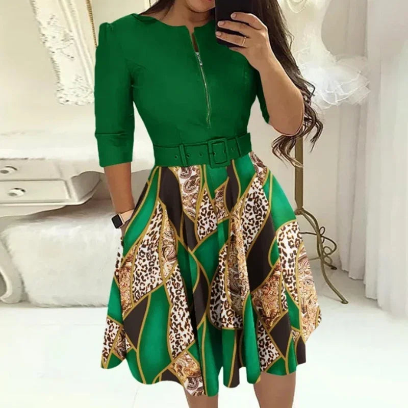 💼 Elegance Defined – Patchwork A-Line Belted Midi Dress