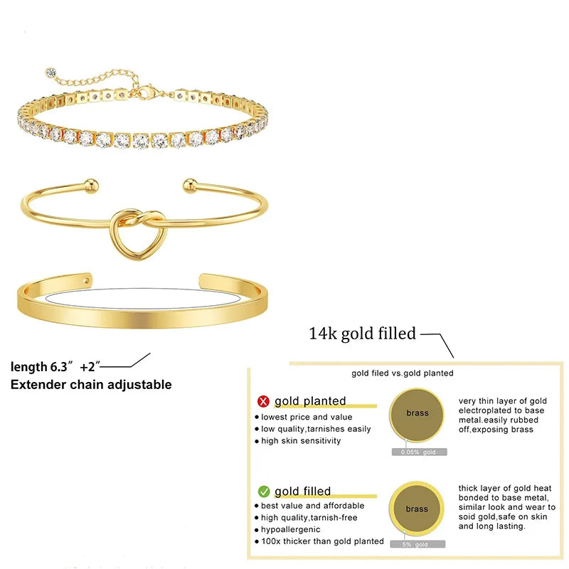 3Pcs Stainless Steel Gold Plated Bracelets