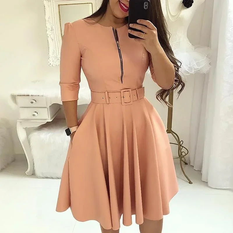 💼 Elegance Defined – Patchwork A-Line Belted Midi Dress