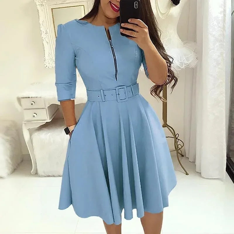 💼 Elegance Defined – Patchwork A-Line Belted Midi Dress