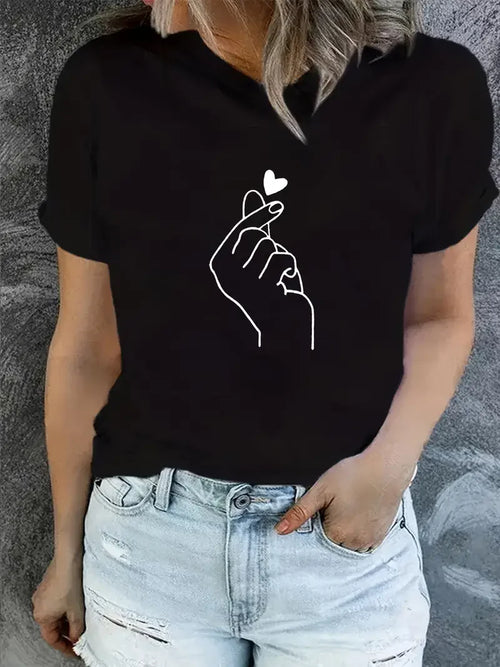 💖 Retro Love – 90s Finger Heart Graphic Tee for Women