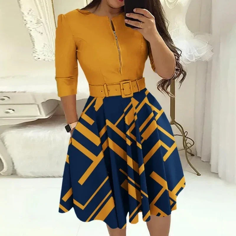 💼 Elegance Defined – Patchwork A-Line Belted Midi Dress