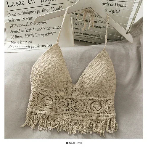 “2025 Retro Tassel Lace Halter Crop Top – Sheer, Sexy & Built-In Support”