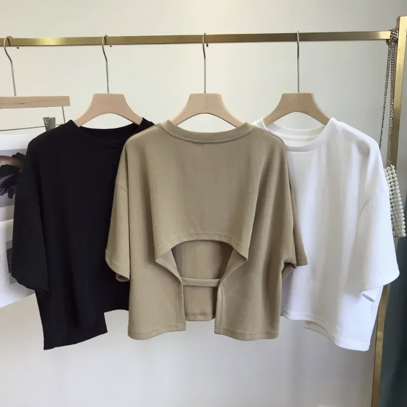 🔥 Sweet & Spicy – Korean Backless Crop Tee for Women