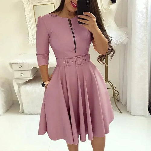 💼 Elegance Defined – Patchwork A-Line Belted Midi Dress
