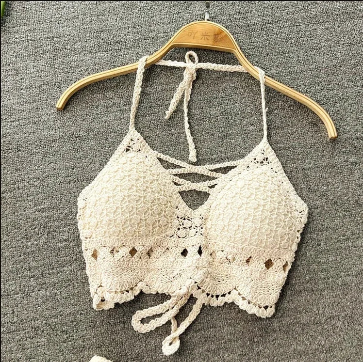 “2025 Retro Tassel Lace Halter Crop Top – Sheer, Sexy & Built-In Support”