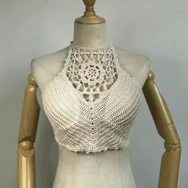 “2025 Retro Tassel Lace Halter Crop Top – Sheer, Sexy & Built-In Support”