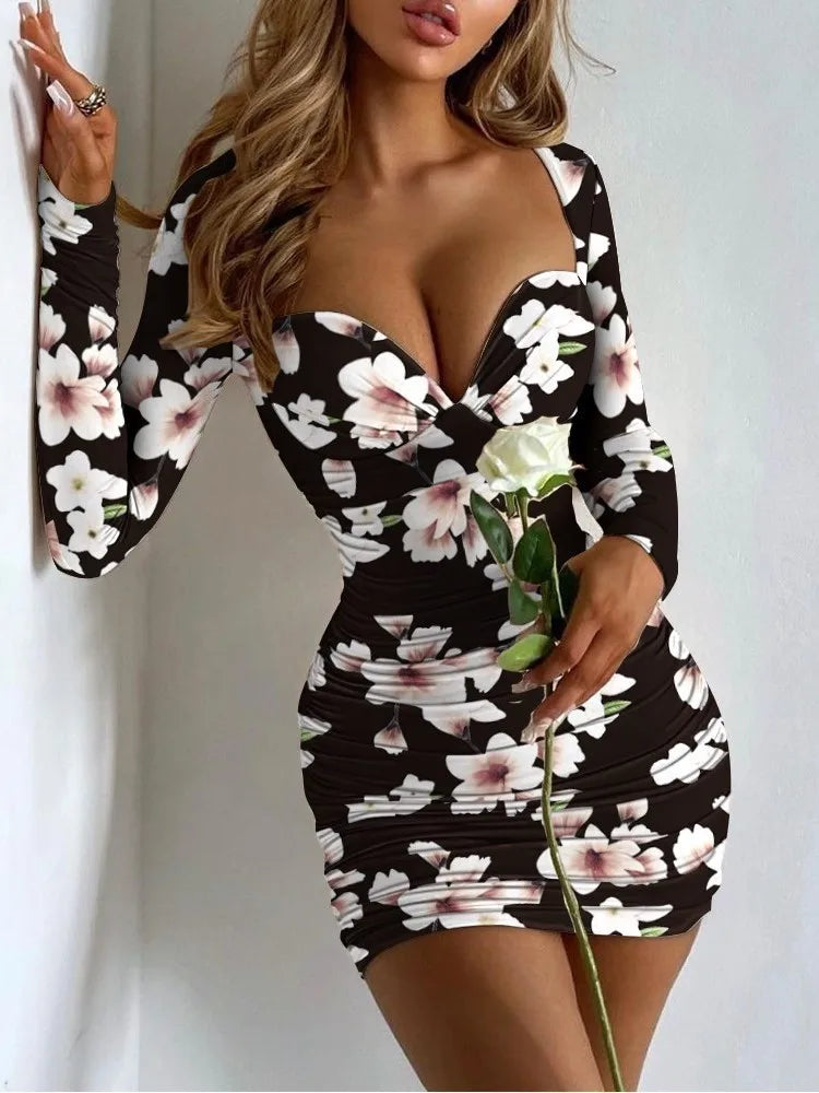 “Low-Cut Printed Bodycon Mini Dress – Club-Ready, Curve-Hugging & Bold”