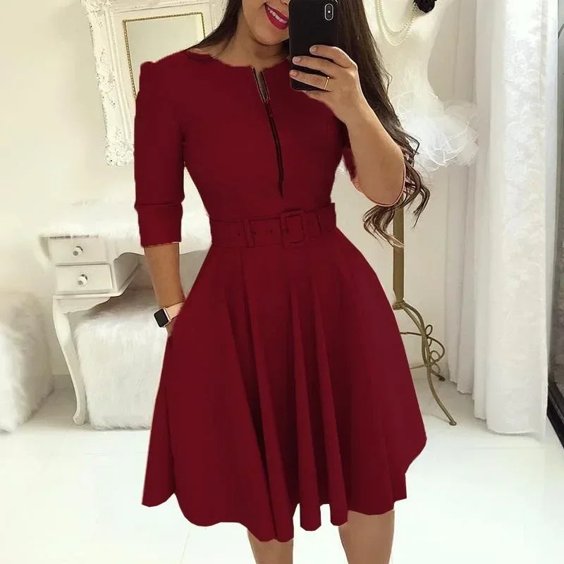 💼 Elegance Defined – Patchwork A-Line Belted Midi Dress