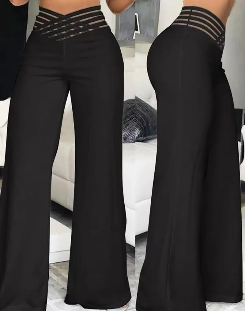 🌟 Mesh Muse – High-Waisted Flared Pants with Sheer Patch Detail